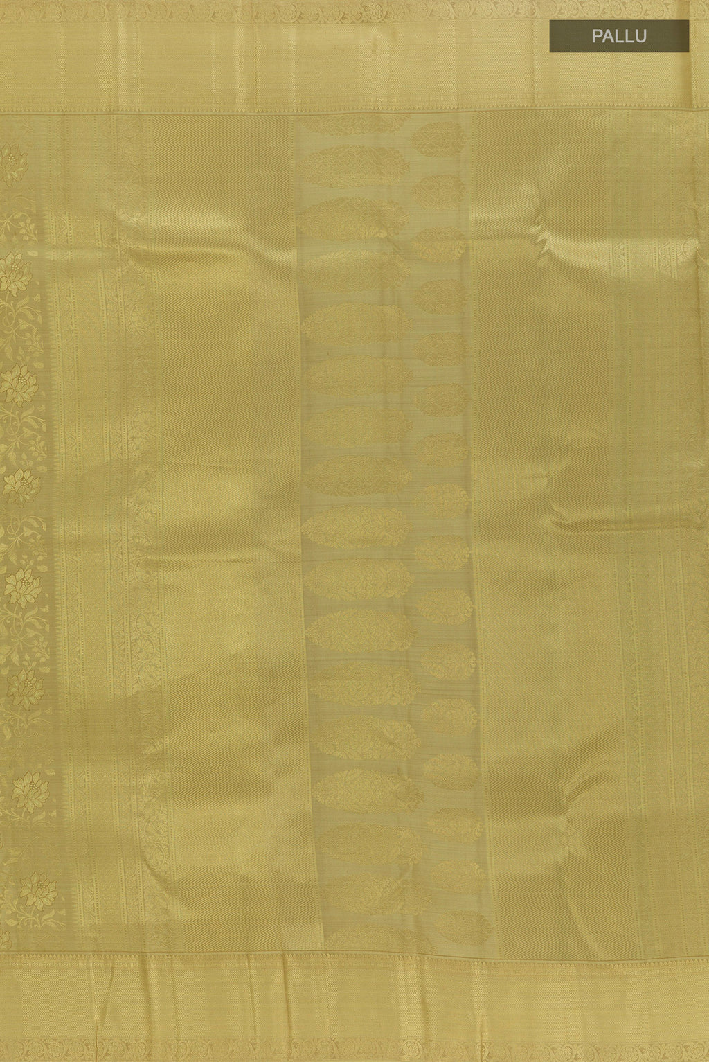 Close up image of the pallu of Pure Silk Green Kanjivaram Saree with Zari Brocade on the body and Zari Border. 