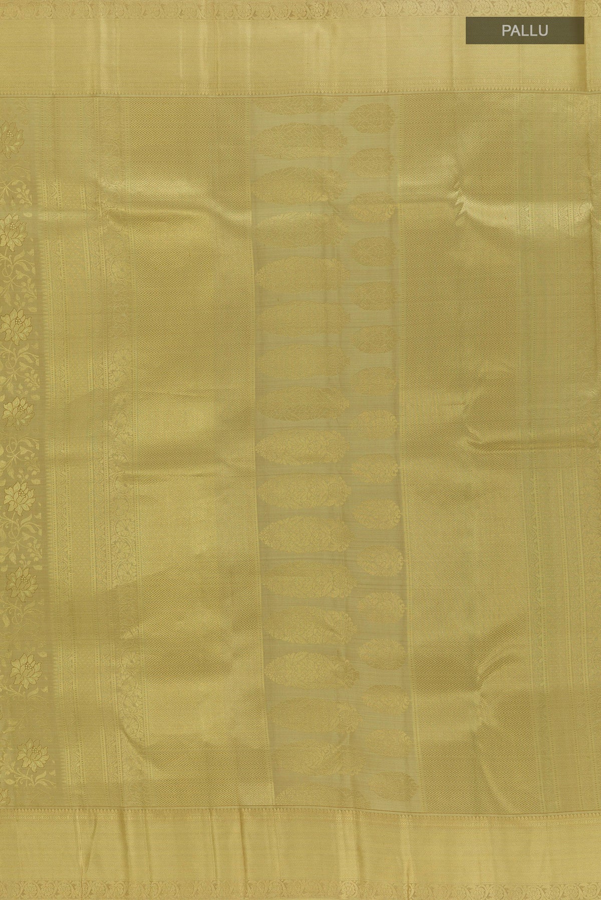 Close up image of the pallu of Pure Silk Green Kanjivaram Saree with Zari Brocade on the body and Zari Border. 