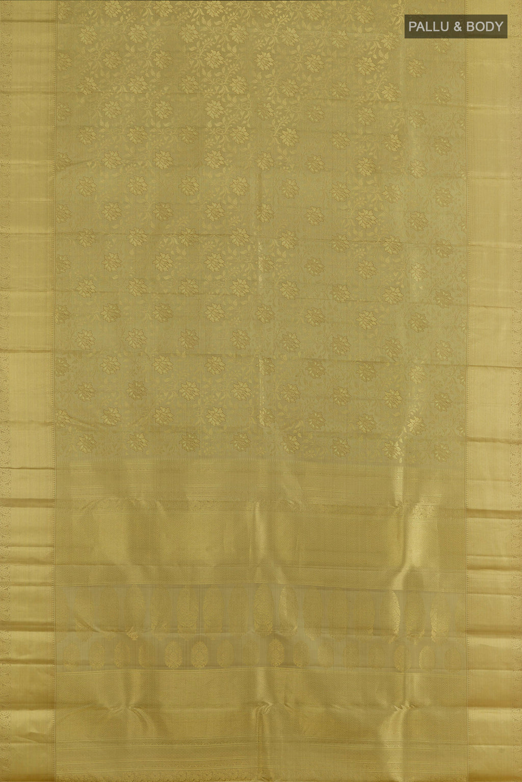 Flat view of Pure Silk Green Kanjivaram Saree with Zari Brocade on the body and Zari Border. 