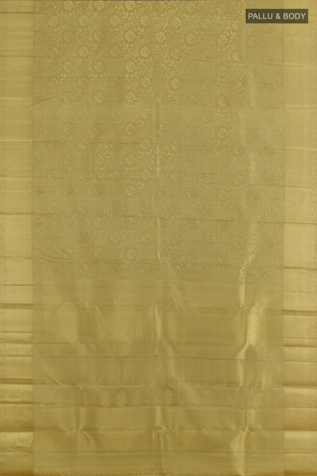 Flat view of Pure Silk Green Kanjivaram Saree with Zari Brocade on the body and Zari Border. 