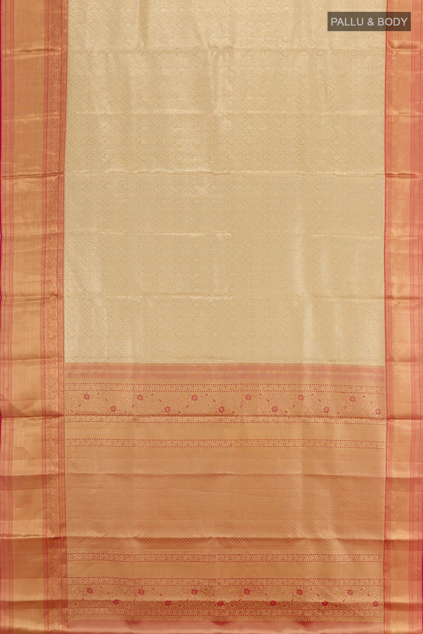 Flat view of Golden Kanjivaram Silk Saree with Zari Brocade on the body and Zari Border. 