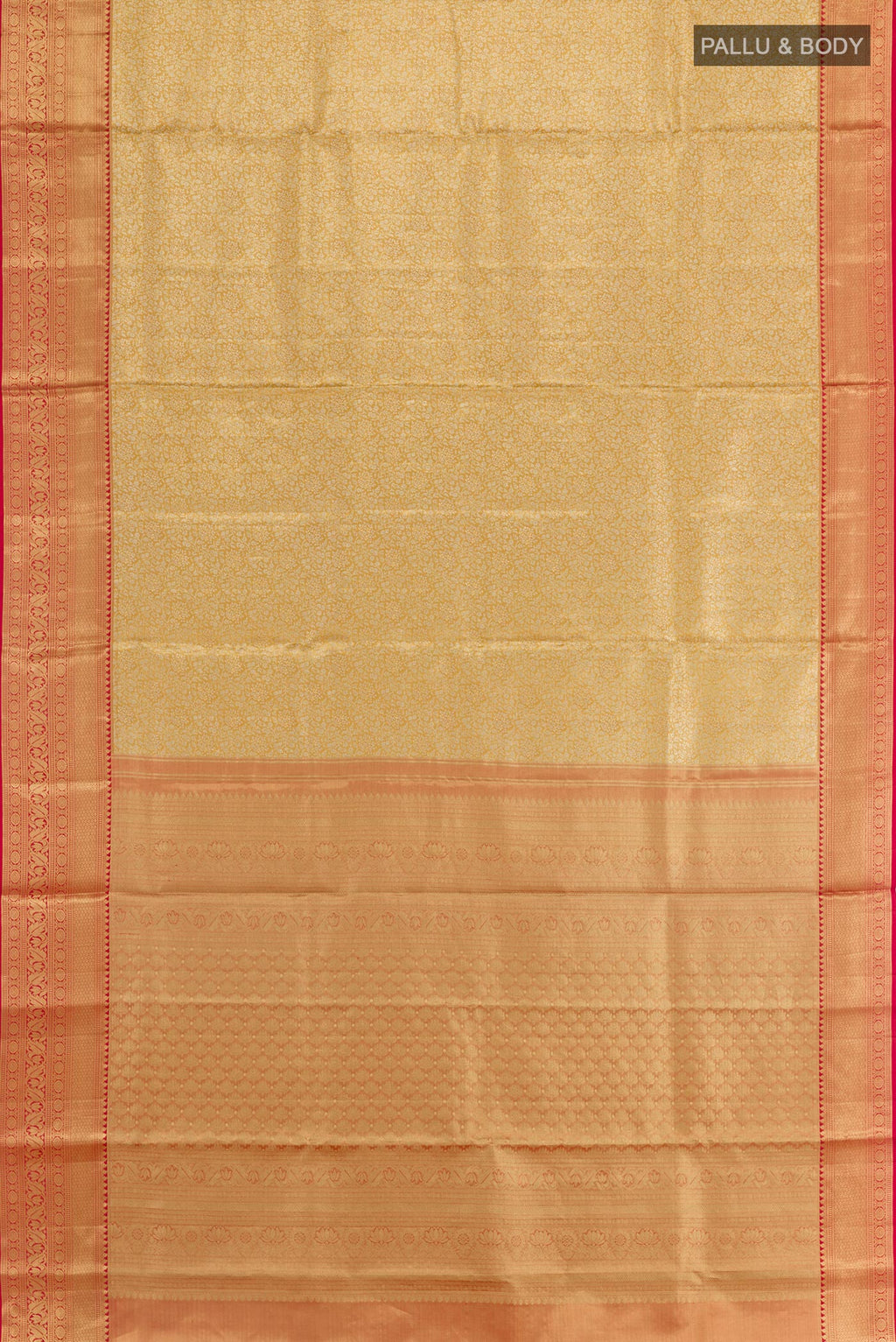 Flat view of Golden Kanjivaram Silk Saree with Zari Brocade on the body and Zari Border. 