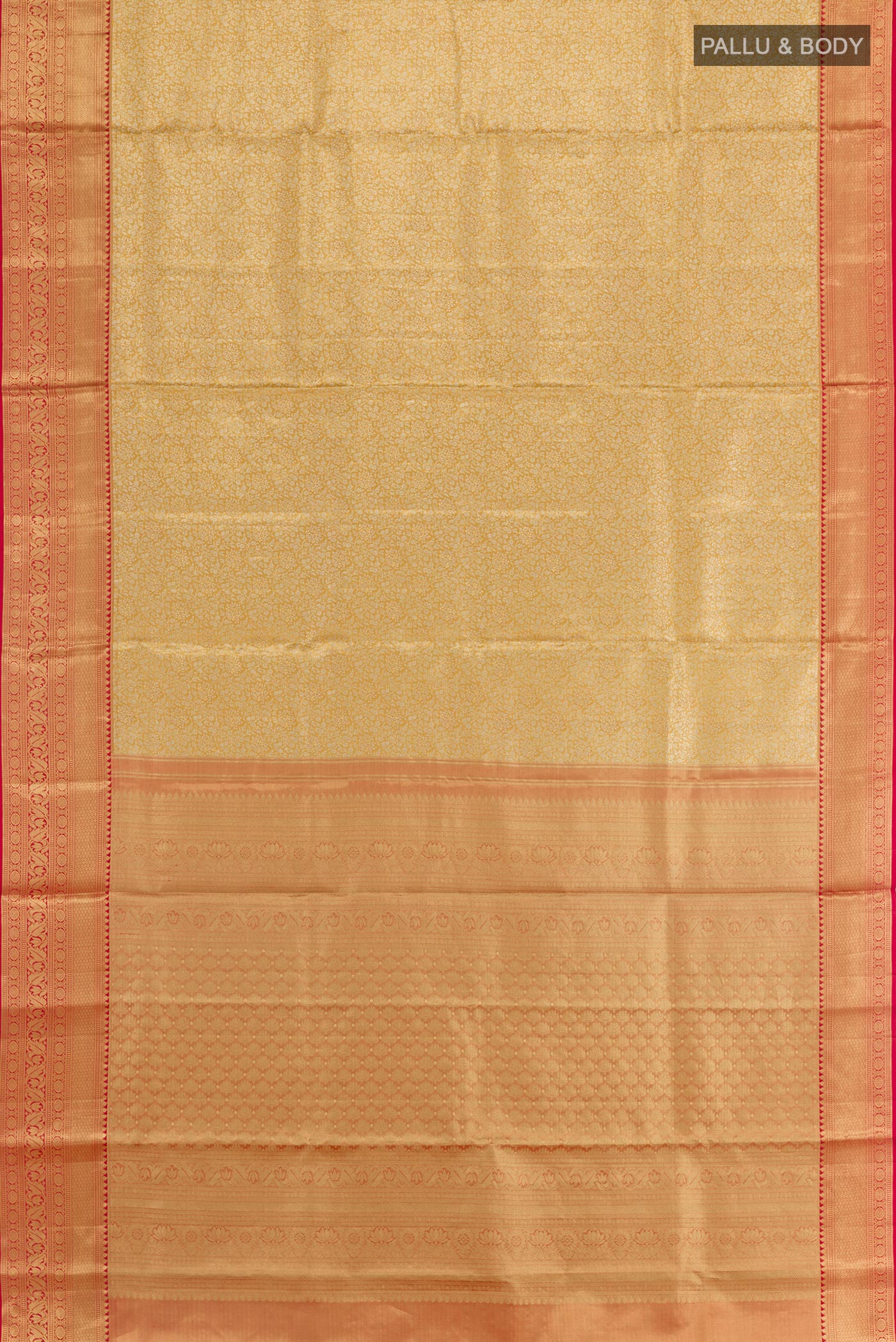 Flat view of Golden Kanjivaram Silk Saree with Zari Brocade on the body and Zari Border. 