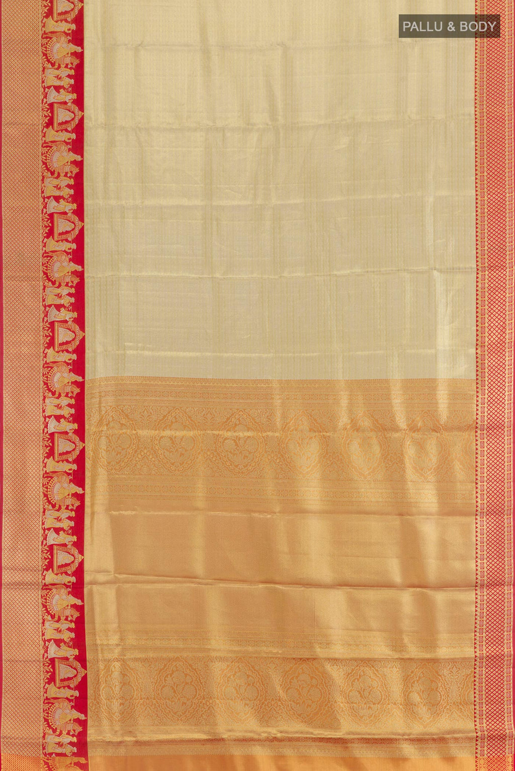 Flat view of Golden Kanjivaram Silk Saree with Zari Brocade on the body and Zari Border. 