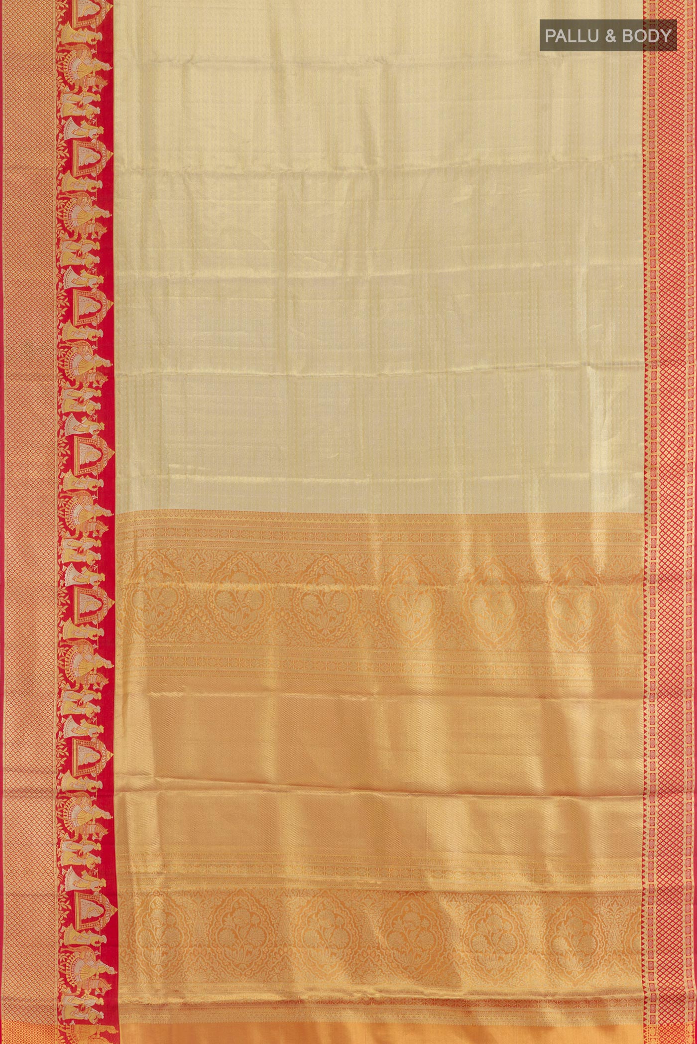 Flat view of Golden Kanjivaram Silk Saree with Zari Brocade on the body and Zari Border. 