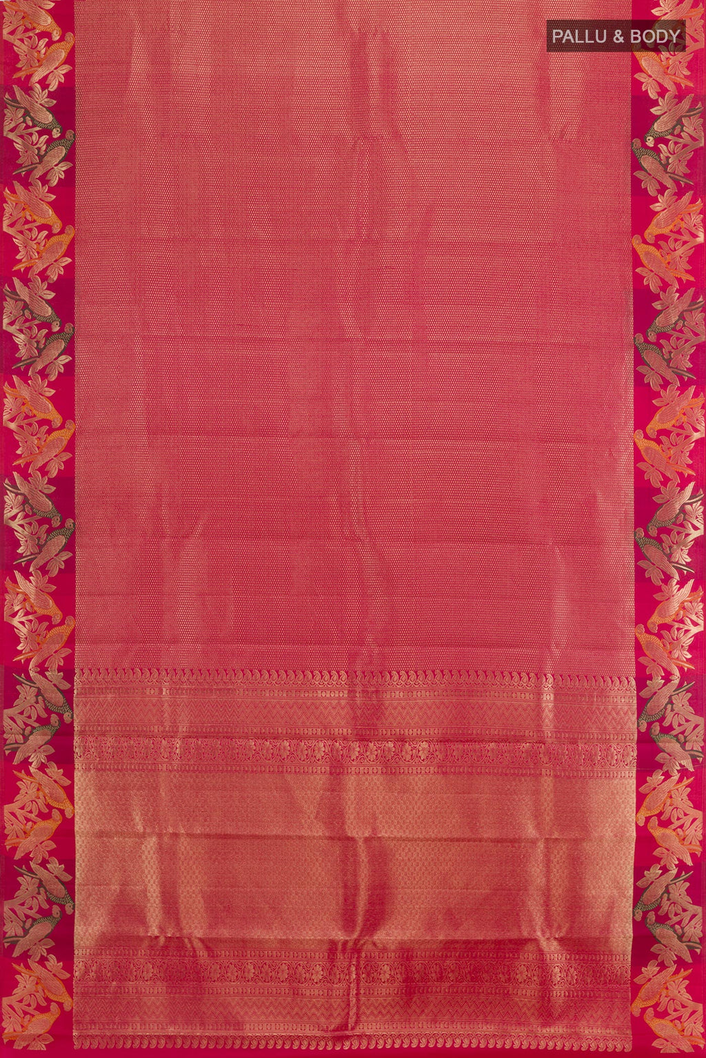 Flat view of Pink Kanjivaram Silk Saree with Zari Brocade on the body and Zari Border. 