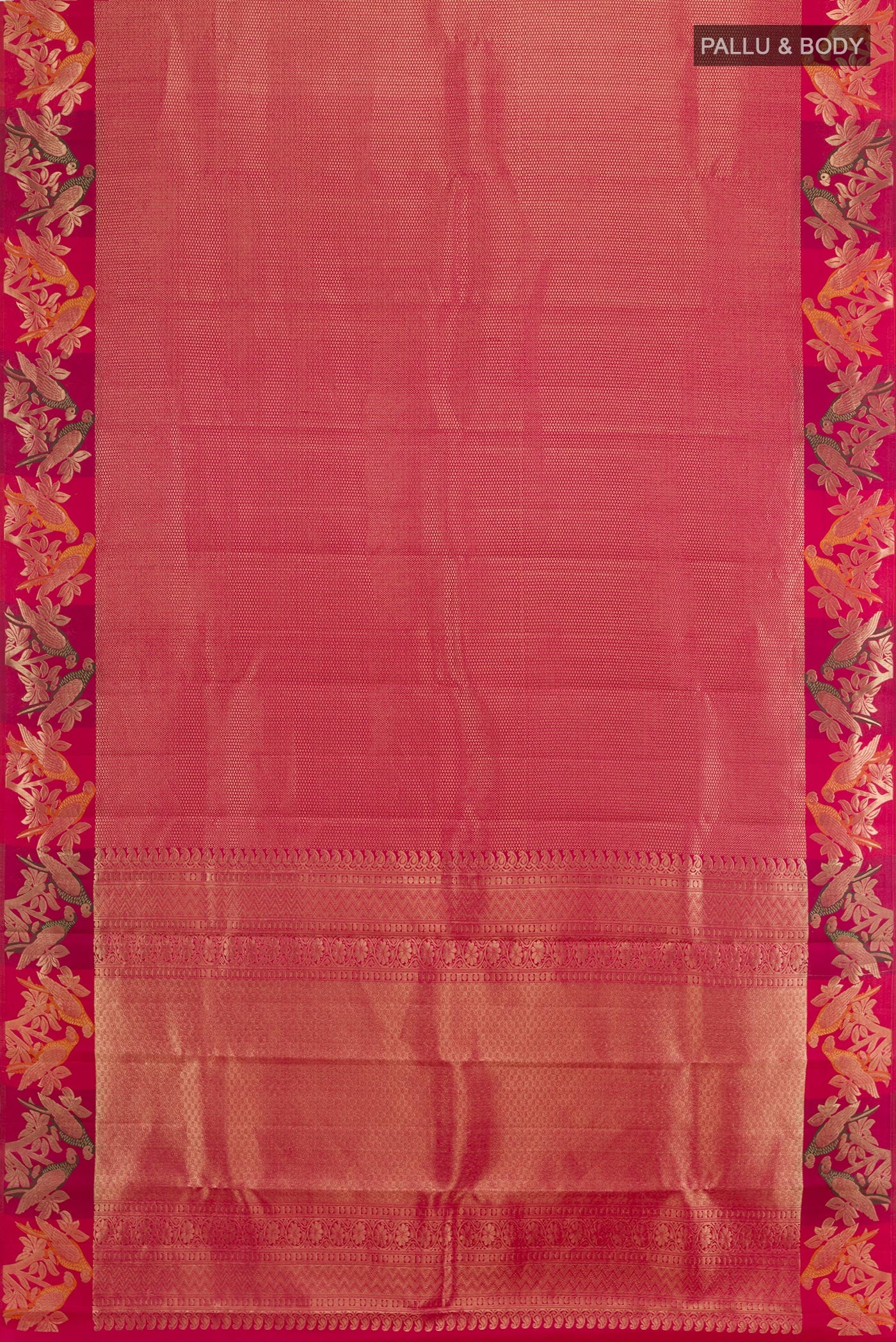 Flat view of Pink Kanjivaram Silk Saree with Zari Brocade on the body and Zari Border. 