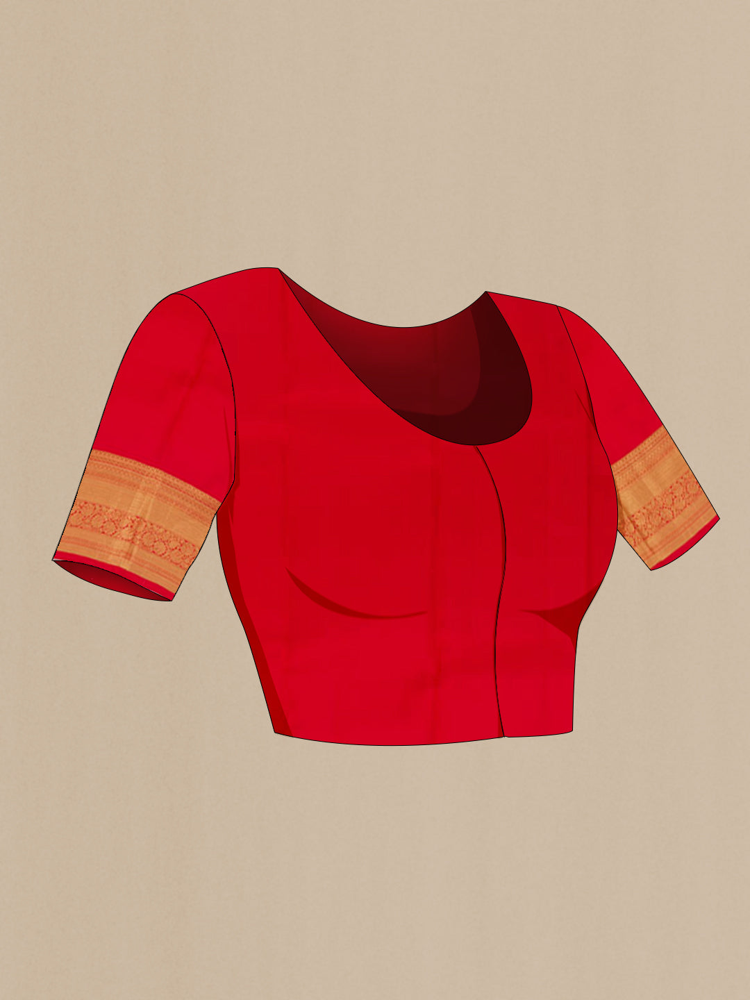 Close up image of the blouse of Off White Kanjivaram Silk Saree with Zari Butta on the body and Zari Border. 