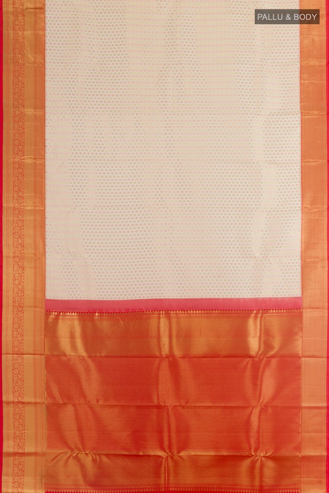 Flat view of Off White Kanjivaram Silk Saree with Zari Butta on the body and Zari Border. 
