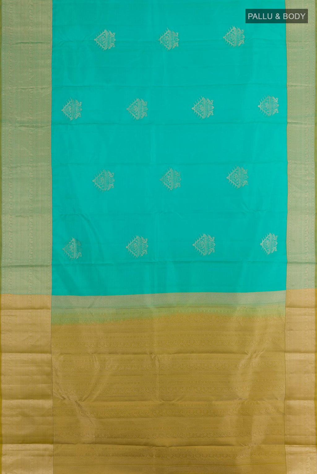 Flat view of Blue Kanchipuram Silk Saree with Zari Butta on the body and Zari Border. 
