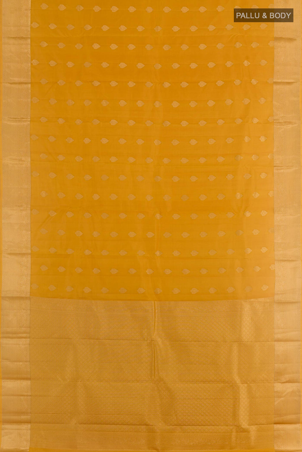Flat view of Yellow Kanchipuram Silk Saree with Zari Butta on the body and Zari Border. 