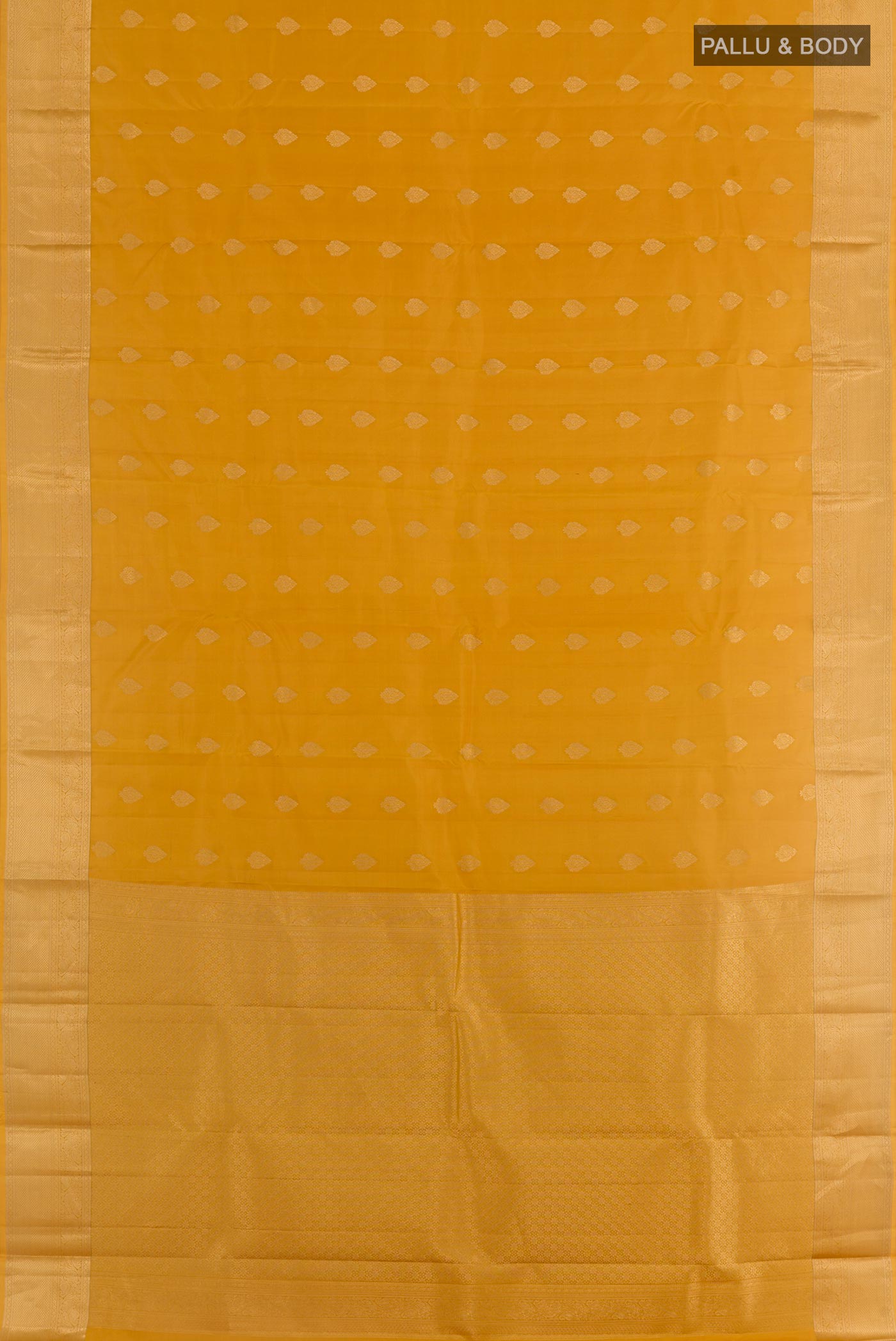 Flat view of Yellow Kanchipuram Silk Saree with Zari Butta on the body and Zari Border. 