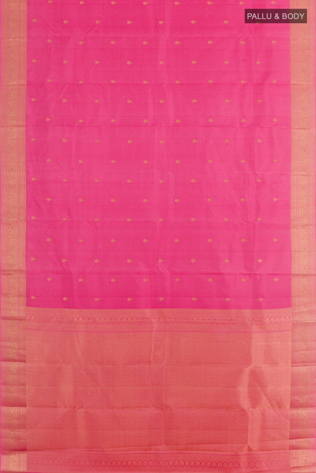 Flat view of Pink Kanchipuram Silk Saree with Zari Butta on the body and Zari Border. 