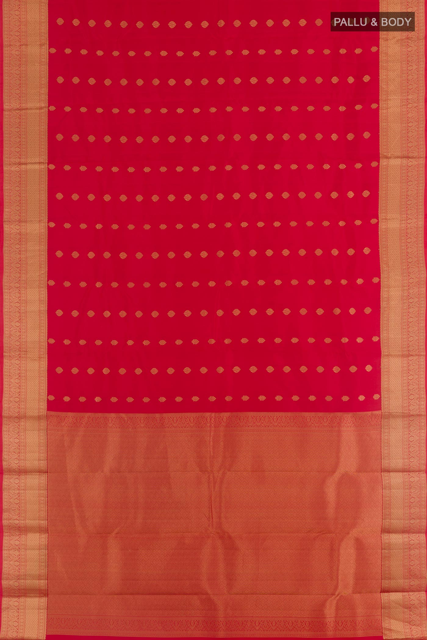 Flat view of Red Kanchipuram Silk Saree with Zari Butta on the body and Zari Border. 
