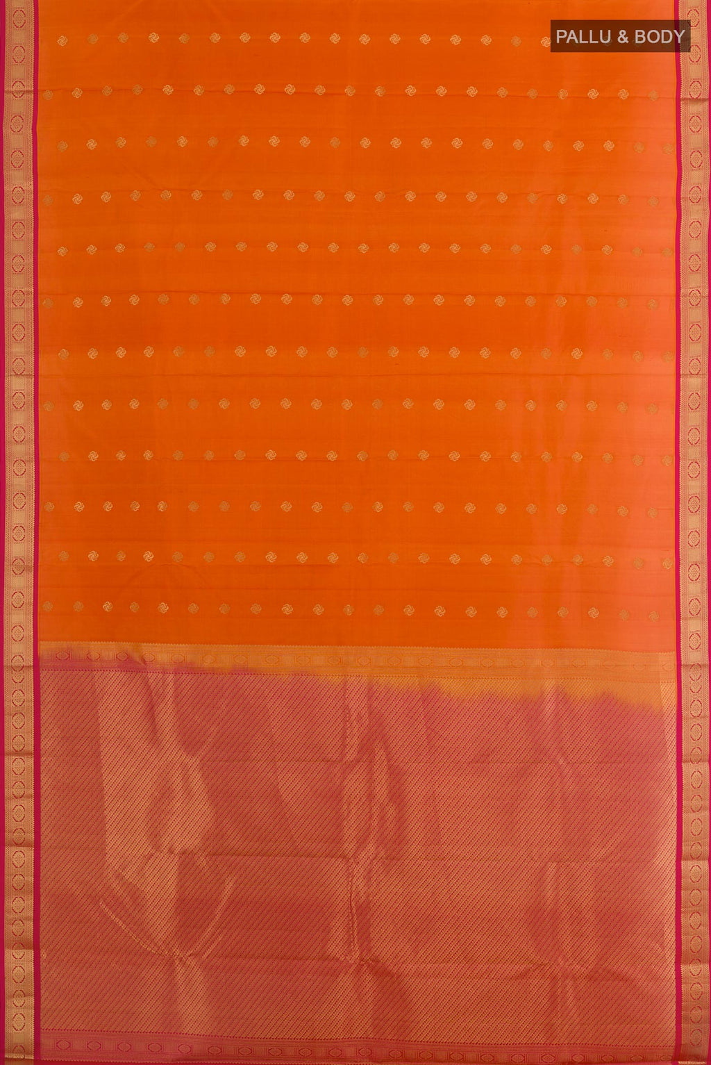 Flat view of Orange Kanchipuram Silk Saree with Zari Butta on the body and Zari Border. 