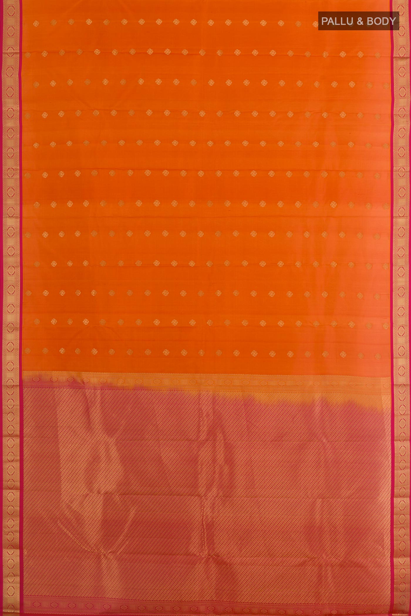 Flat view of Orange Kanchipuram Silk Saree with Zari Butta on the body and Zari Border. 