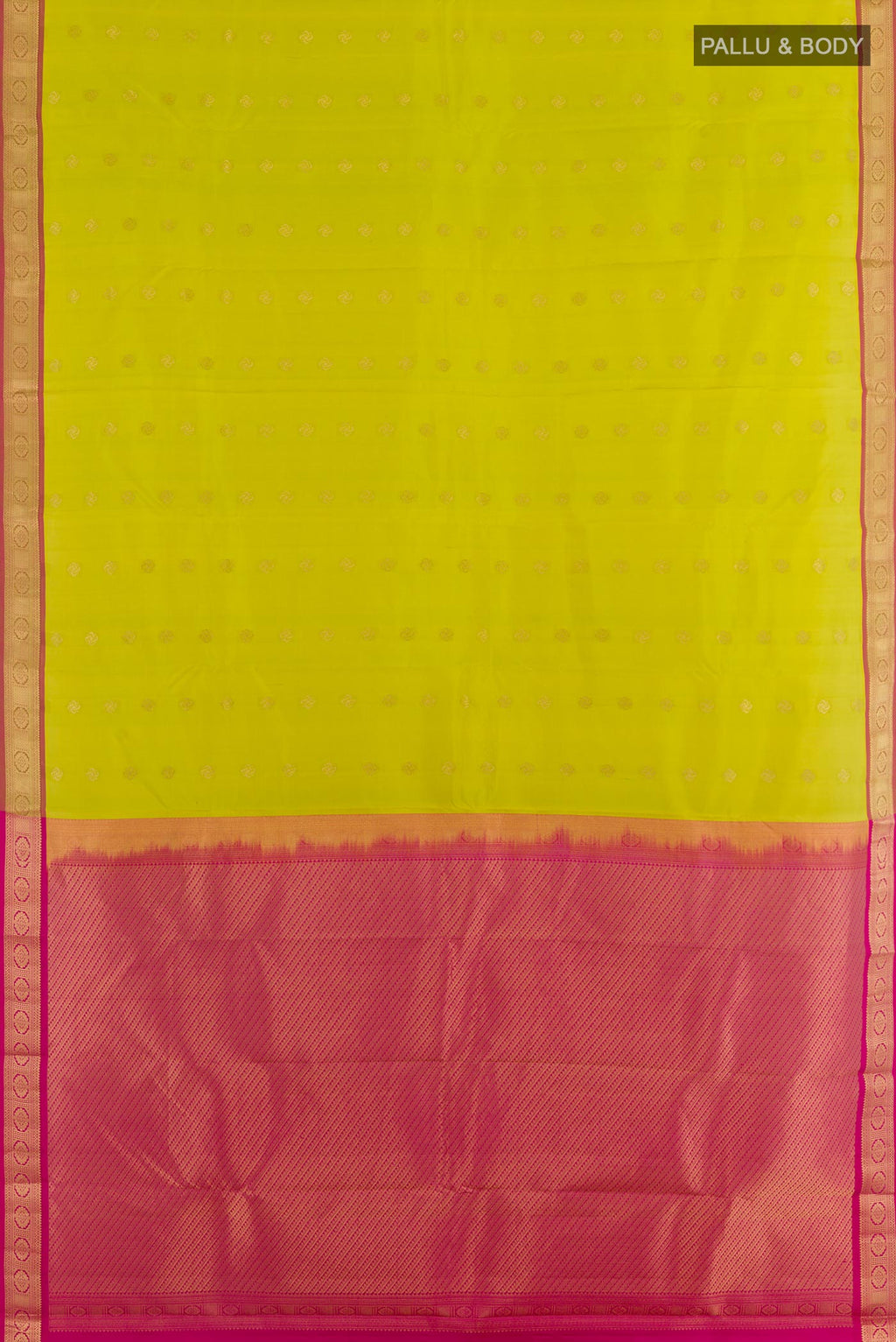 Flat view of Green Kanchipuram Silk Saree with Zari Butta on the body and Zari Border. 