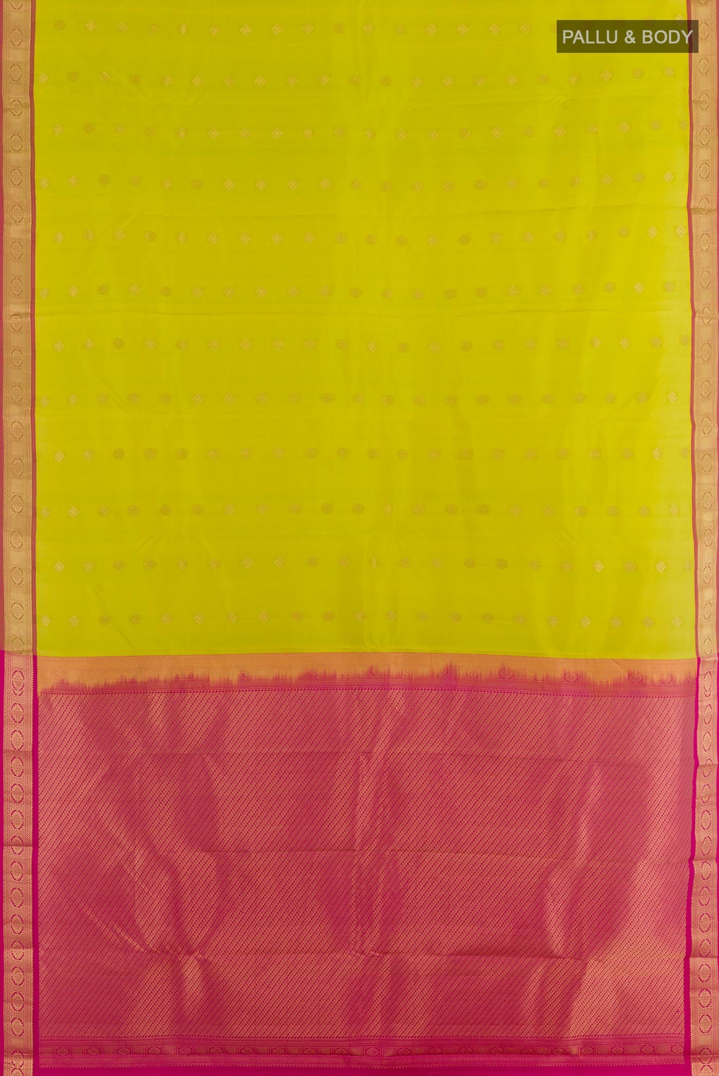 Flat view of Green Kanchipuram Silk Saree with Zari Butta on the body and Zari Border. 