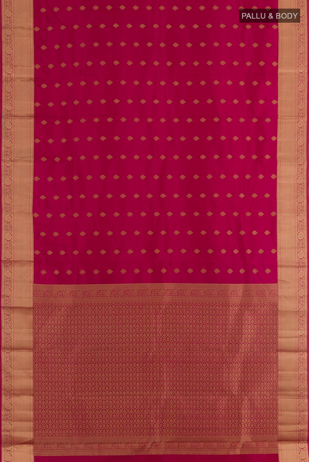 Flat view of Maroon Kanchipuram Silk Saree with Zari Butta on the body and Zari Border. 
