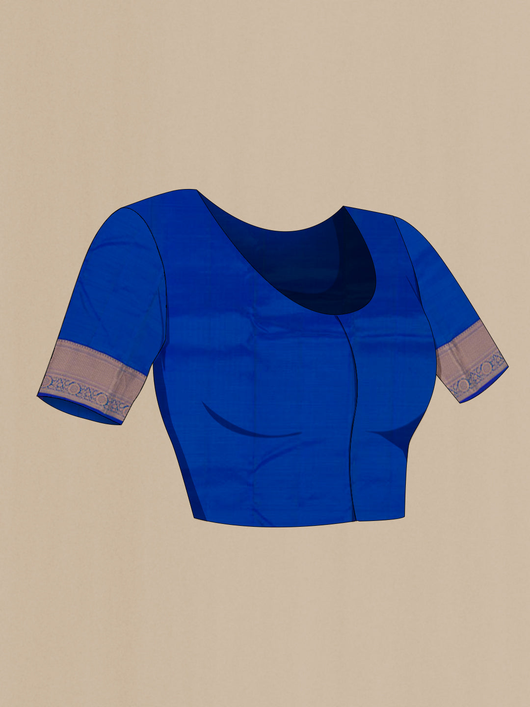 Close up image of the blouse of Blue Kanchipuram Silk Saree with Zari Butta on the body and Zari Border. 