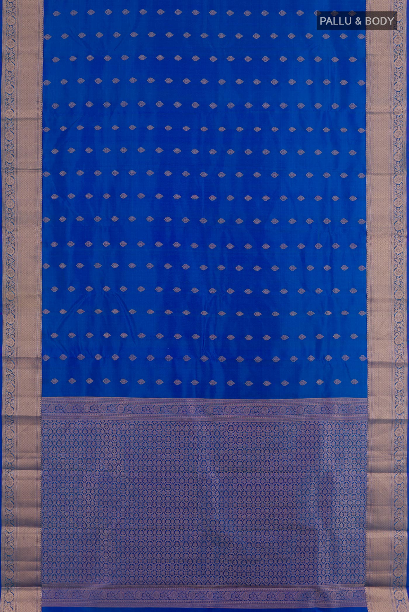 Flat view of Blue Kanchipuram Silk Saree with Zari Butta on the body and Zari Border. 