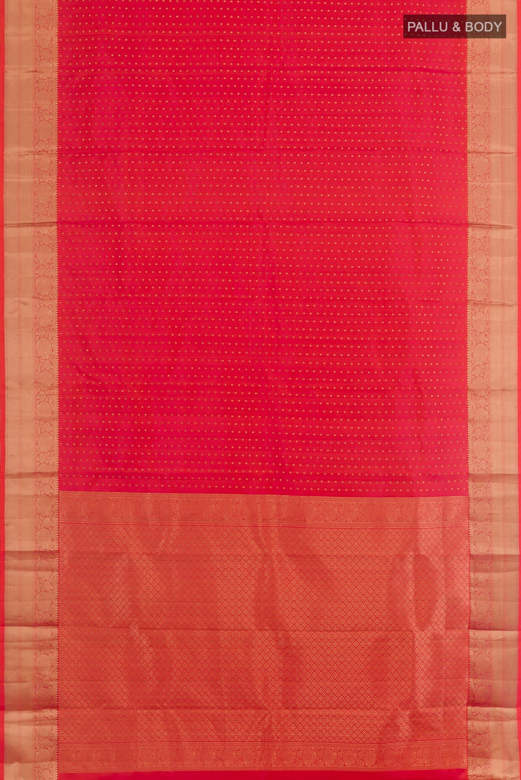Flat view of Pink Kanchipuram Silk Saree with Zari Butta on the body and Zari Border. 