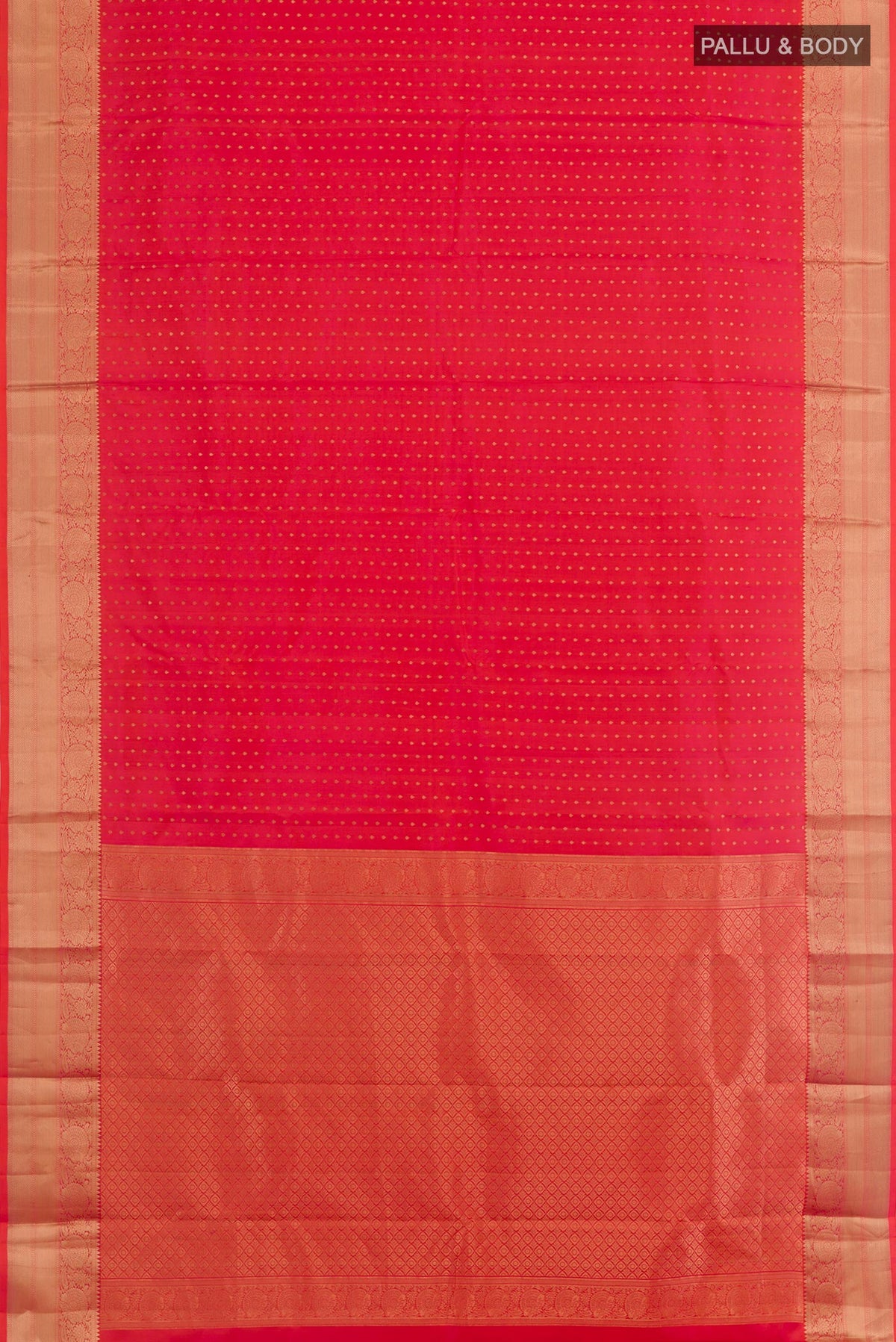 Flat view of Pink Kanchipuram Silk Saree with Zari Butta on the body and Zari Border. 