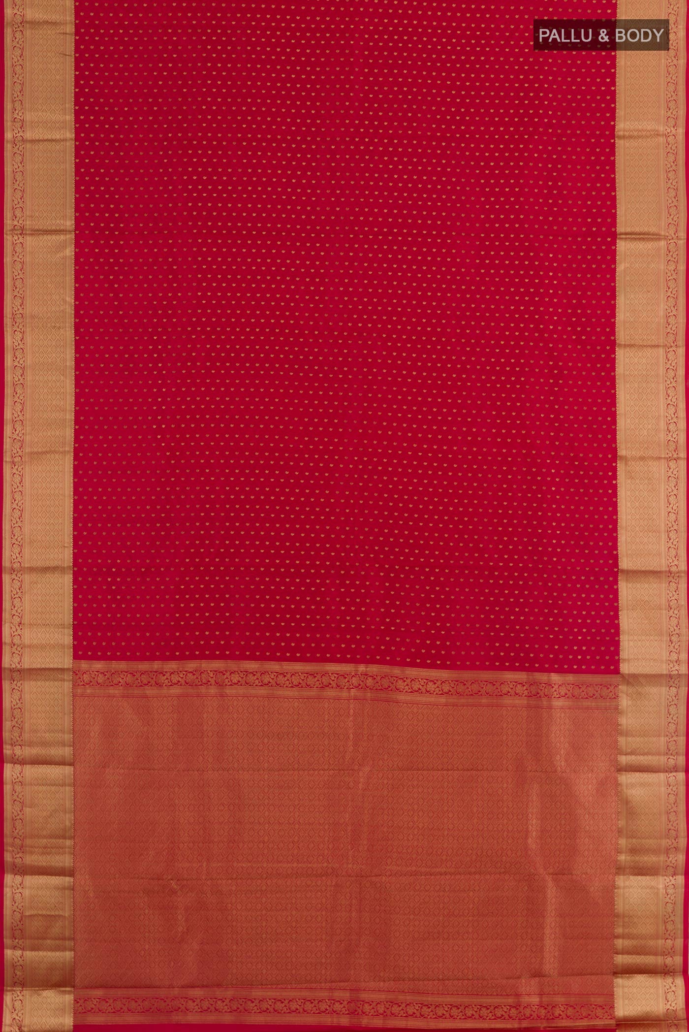 Flat view of Red Kanchipuram Silk Saree with Zari Butta on the body and Zari Border. 