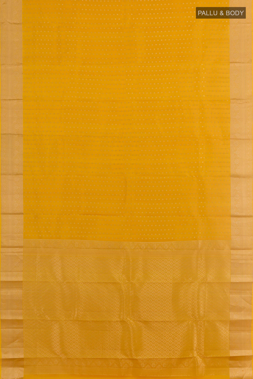Flat view of Yellow Kanchipuram Silk Saree with Zari Butta on the body and Zari Border. 