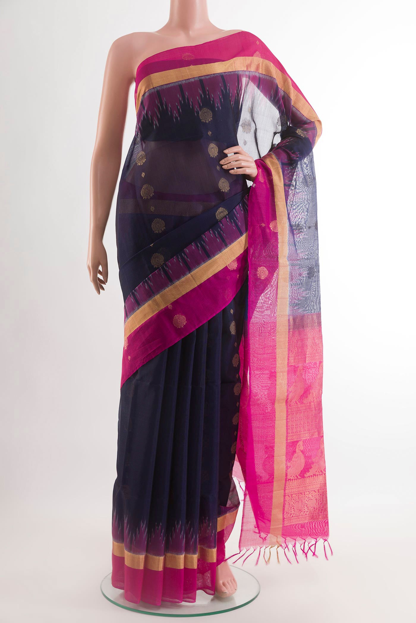 Dark Blue Blended Kora Cotton Saree with Zari Butta on the body and Zari Border.  displayed on a mannequin