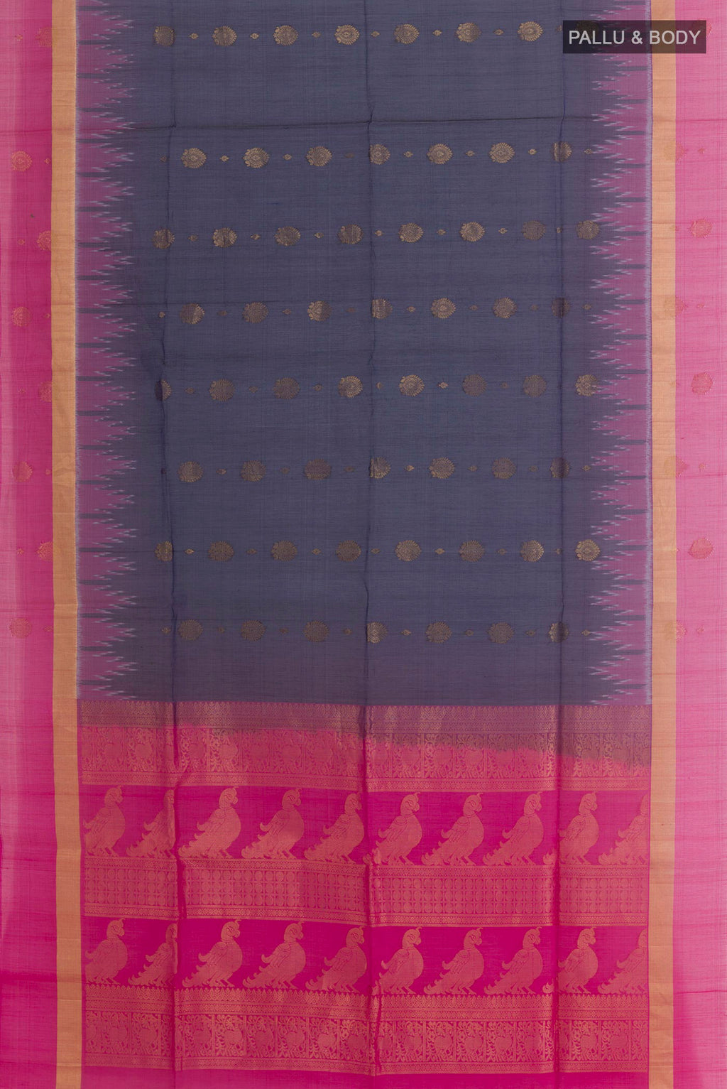 Flat view of Dark Blue Blended Kora Cotton Saree with Zari Butta on the body and Zari Border. 