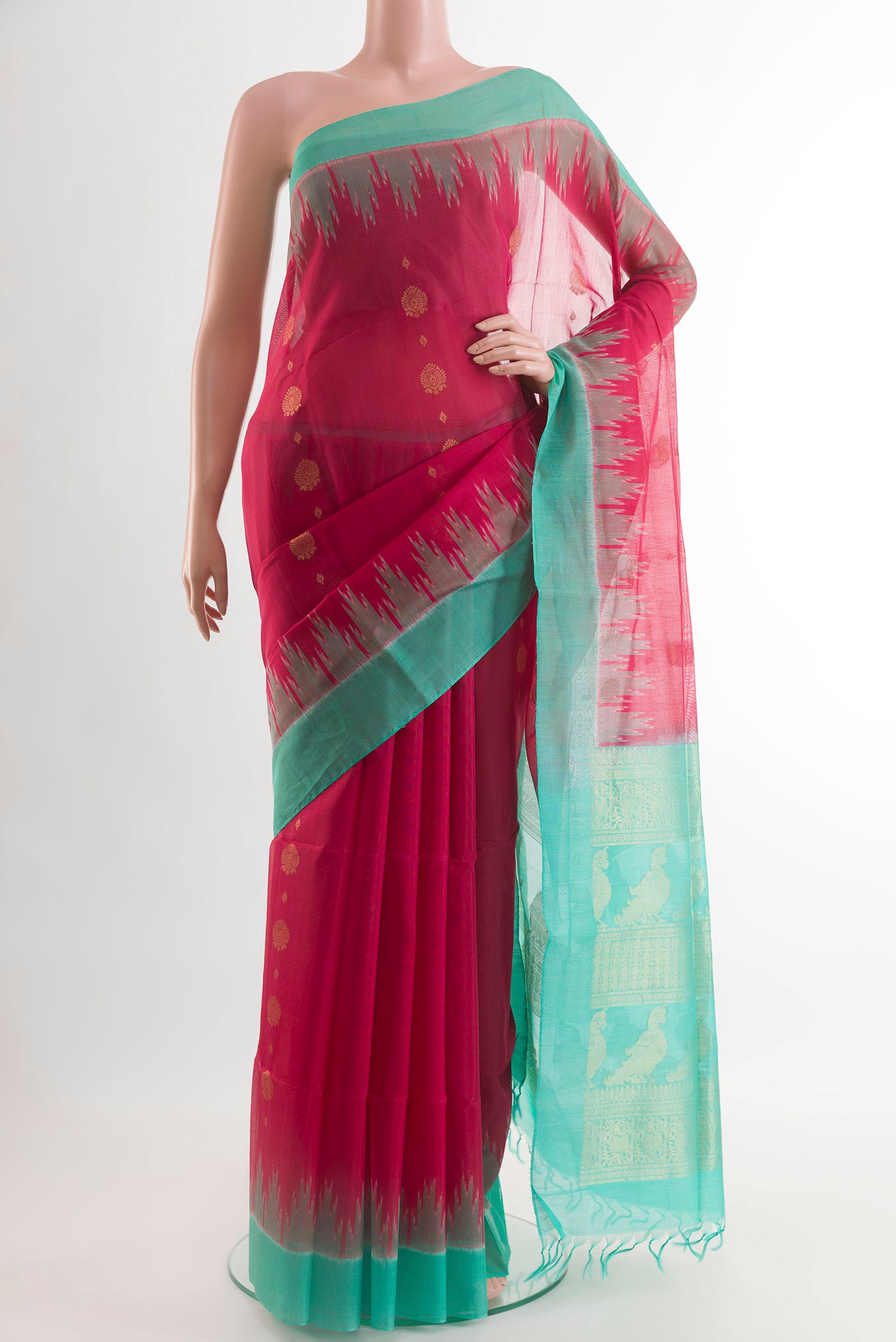Pink Blended Kora Cotton Saree with Zari Butta on the body and Zari Border.  displayed on a mannequin