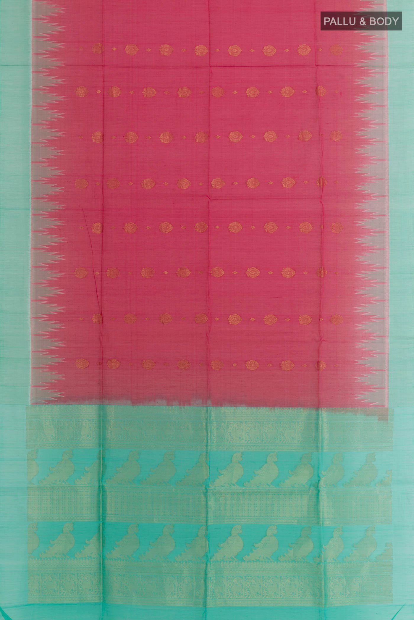 Flat view of Pink Blended Kora Cotton Saree with Zari Butta on the body and Zari Border. 