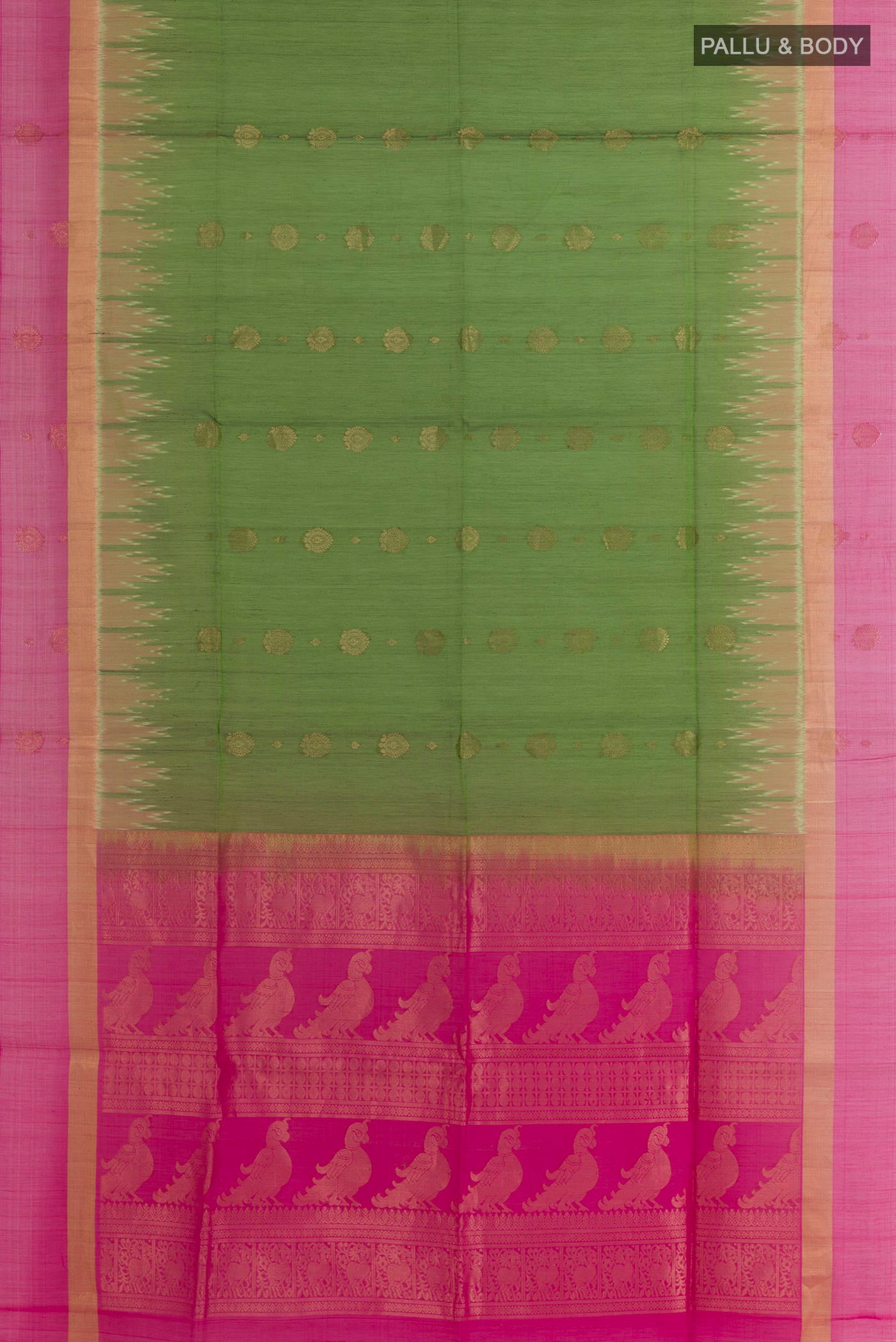 Flat view of Green Blended Kora Cotton Saree with Zari Butta on the body and Zari Border. 