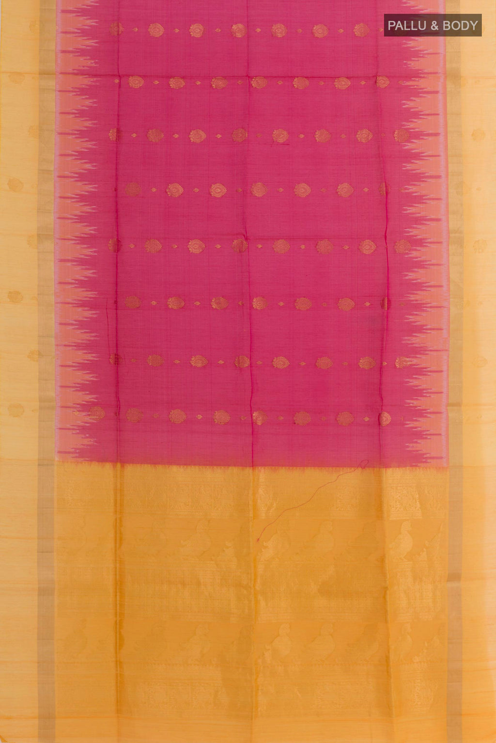Flat view of Pink Blended Kora Cotton Saree with Zari Butta on the body and Zari Border. 