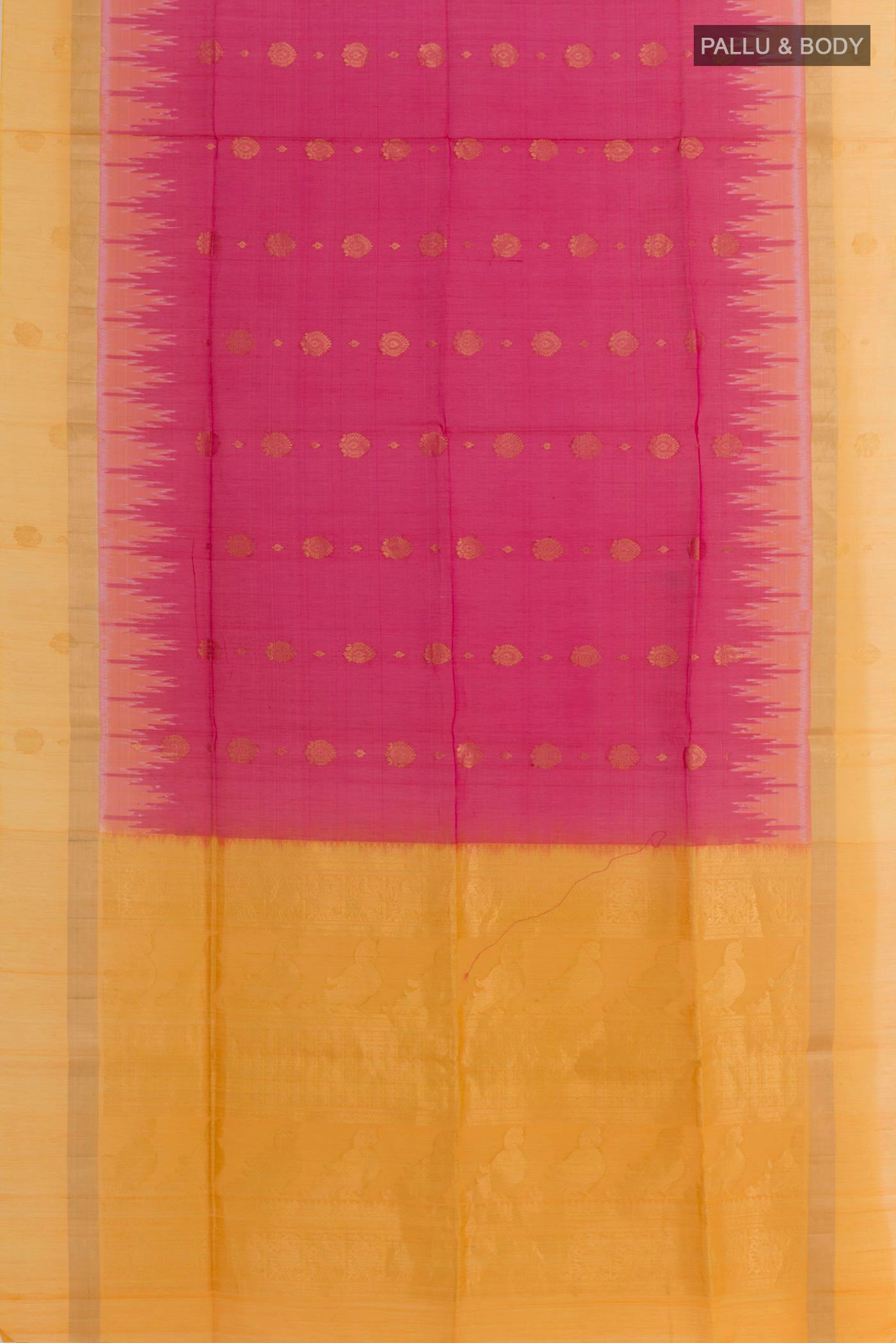 Flat view of Pink Blended Kora Cotton Saree with Zari Butta on the body and Zari Border. 
