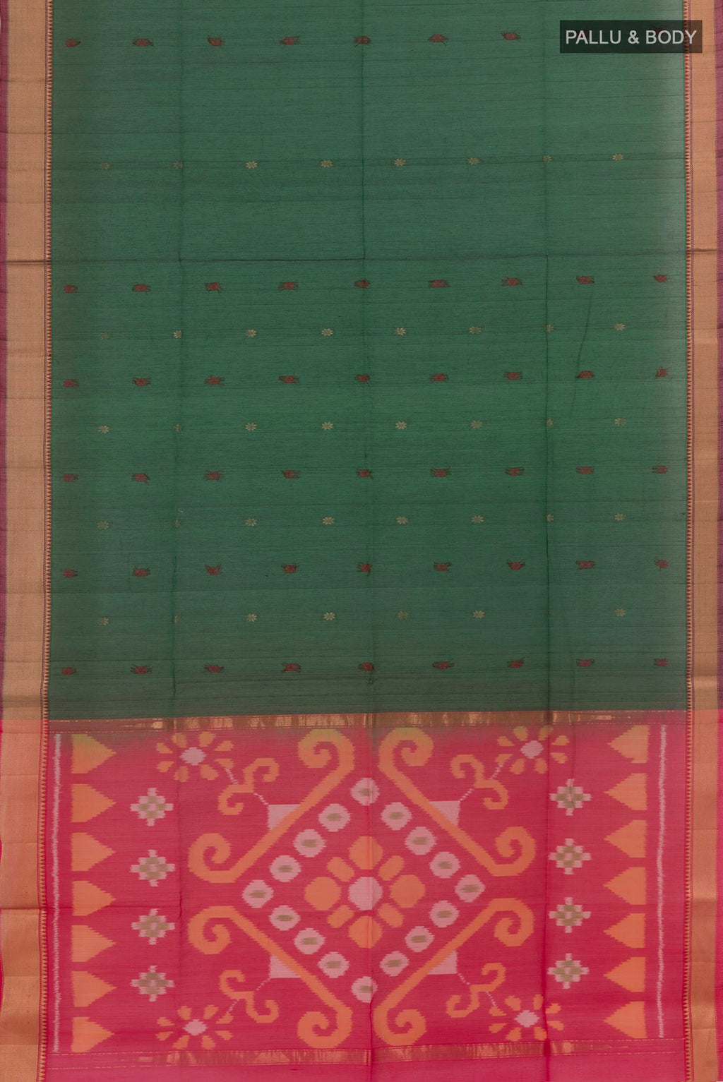 Flat view of Green Kora Cotton Saree with Zari Butta on the body and Zari Border. 