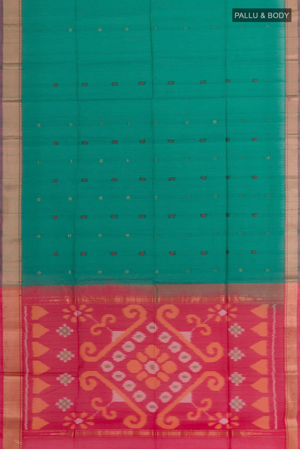 Flat view of Green Blended Kora Cotton Saree with Zari Butta on the body and Zari Border. 