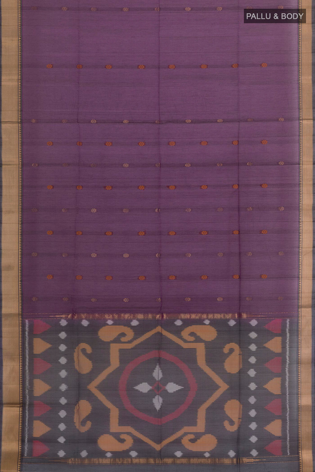 Flat view of Purple Kora Cotton Saree with Zari Butta on the body and Zari Border. 