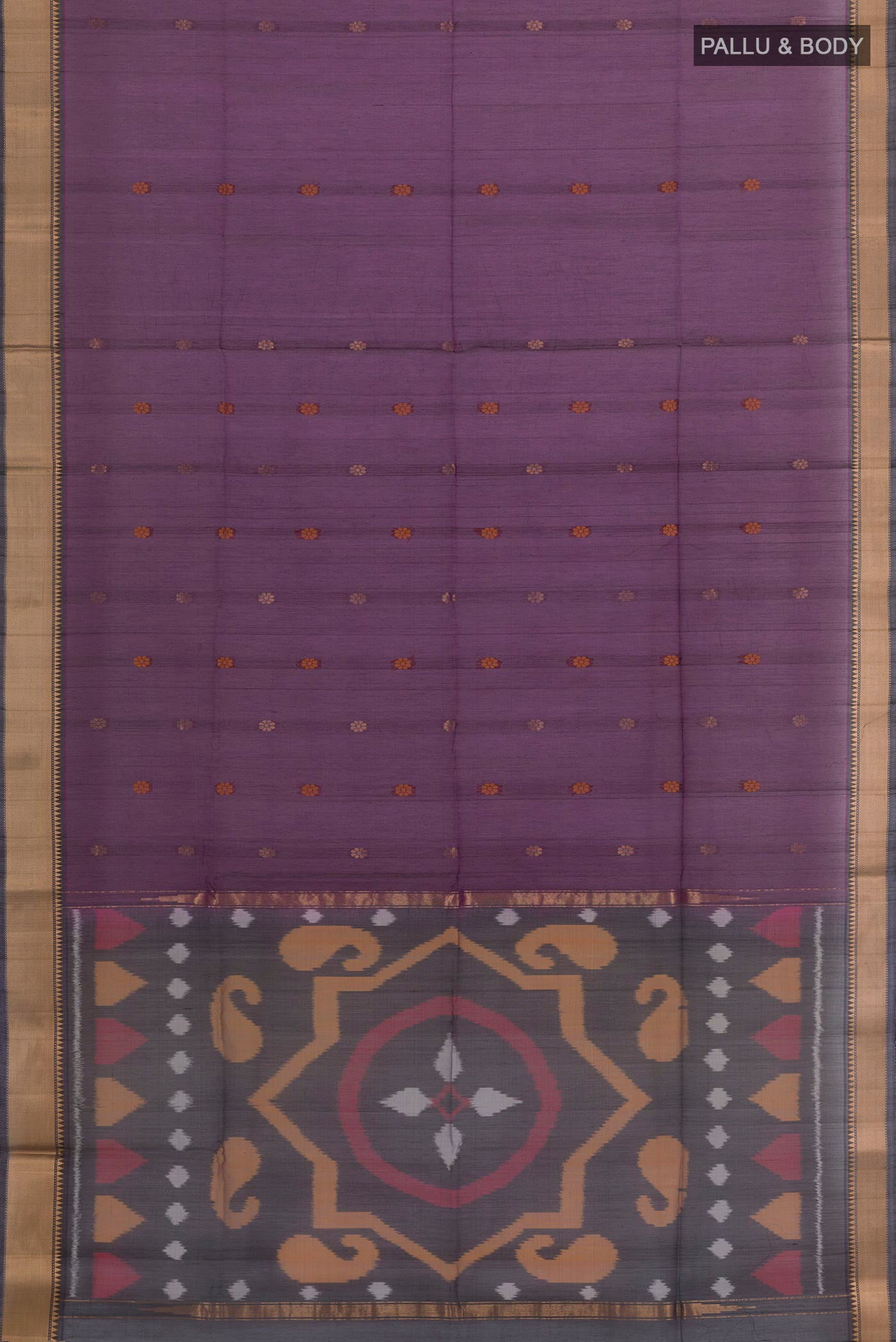 Flat view of Purple Kora Cotton Saree with Zari Butta on the body and Zari Border. 