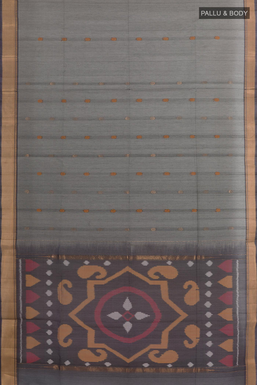 Flat view of Grey Blended Kora Silk Saree with Zari Butta on the body and Zari Border. 