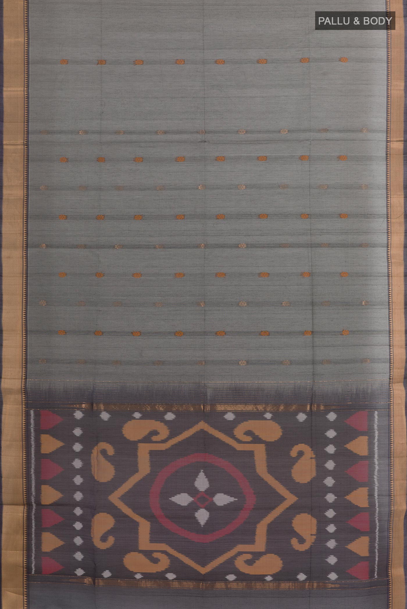 Flat view of Grey Blended Kora Silk Saree with Zari Butta on the body and Zari Border. 