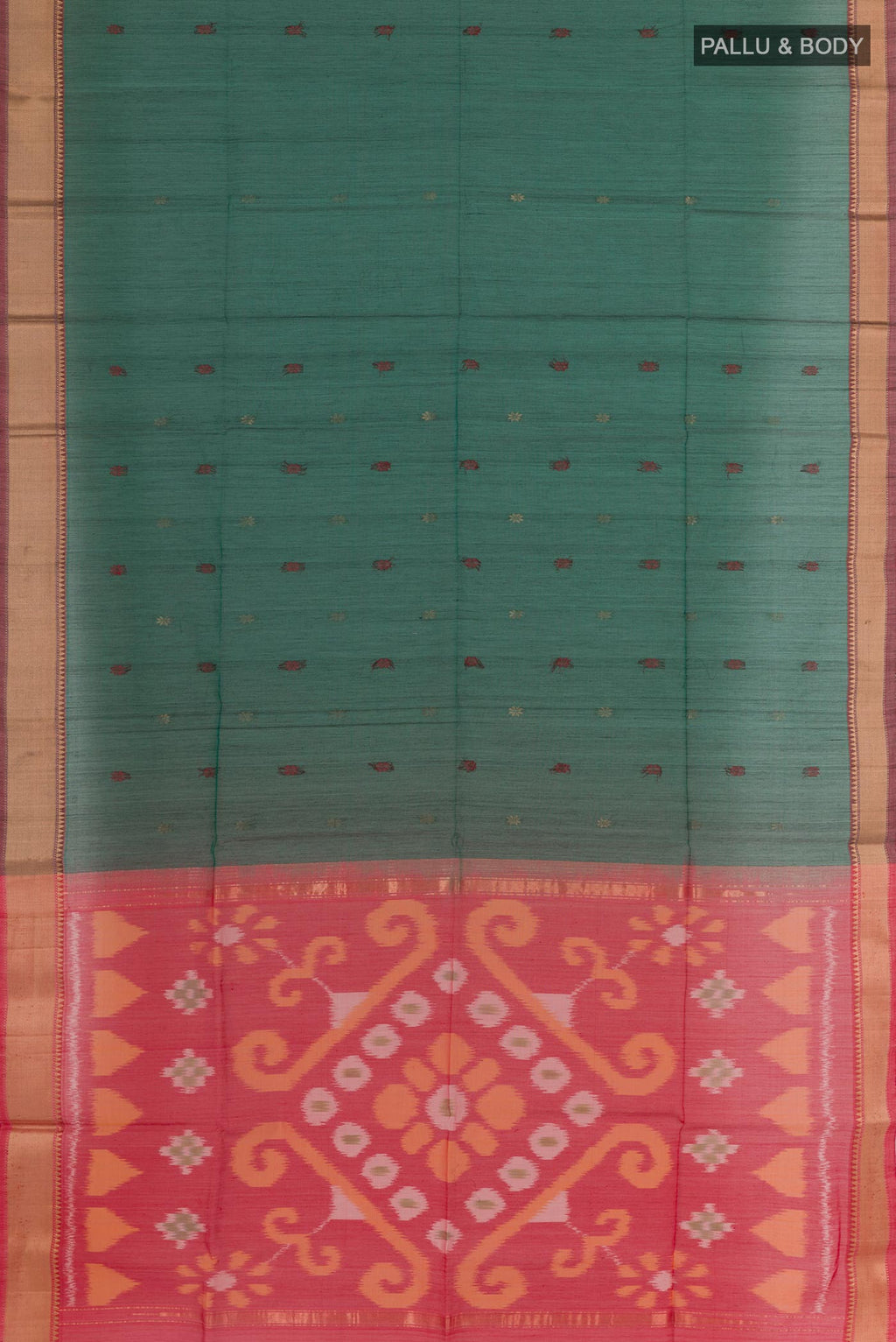 Flat view of Bottle Green Blended Kora Silk Saree with Zari Butta on the body and Zari Border. 