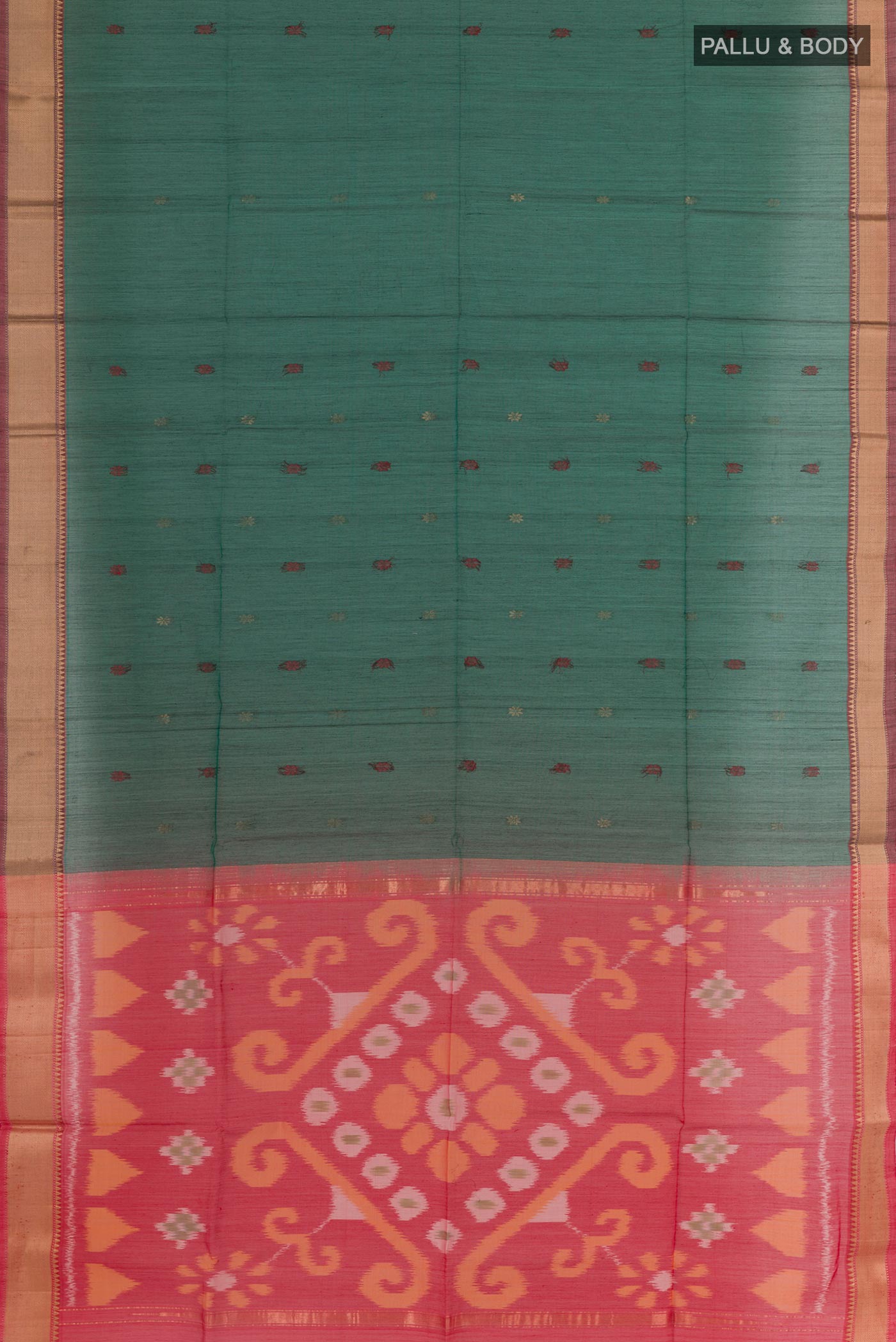Flat view of Bottle Green Blended Kora Silk Saree with Zari Butta on the body and Zari Border. 