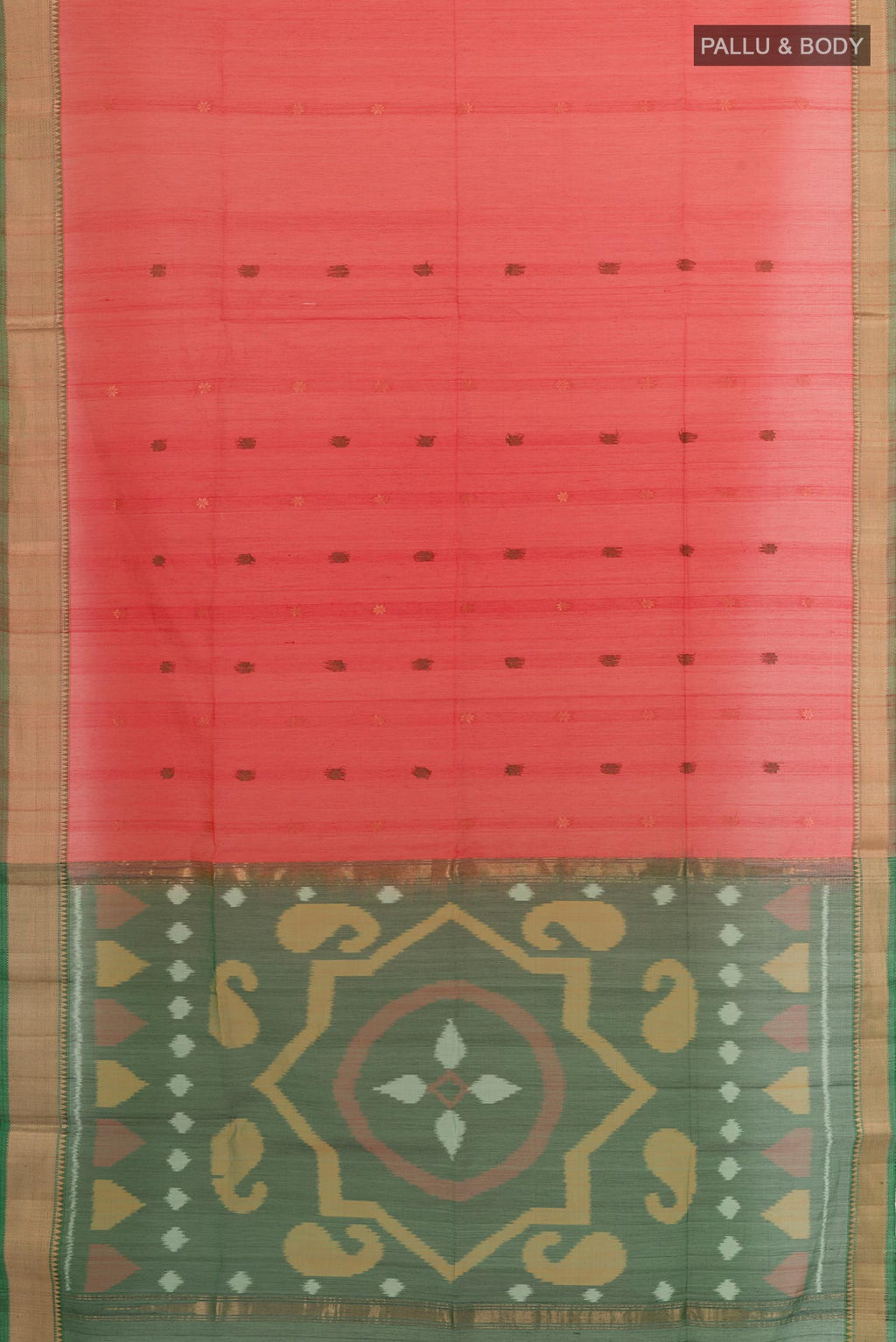 Flat view of Red Kora Silk Saree with Zari Butta on the body and Zari Border. 