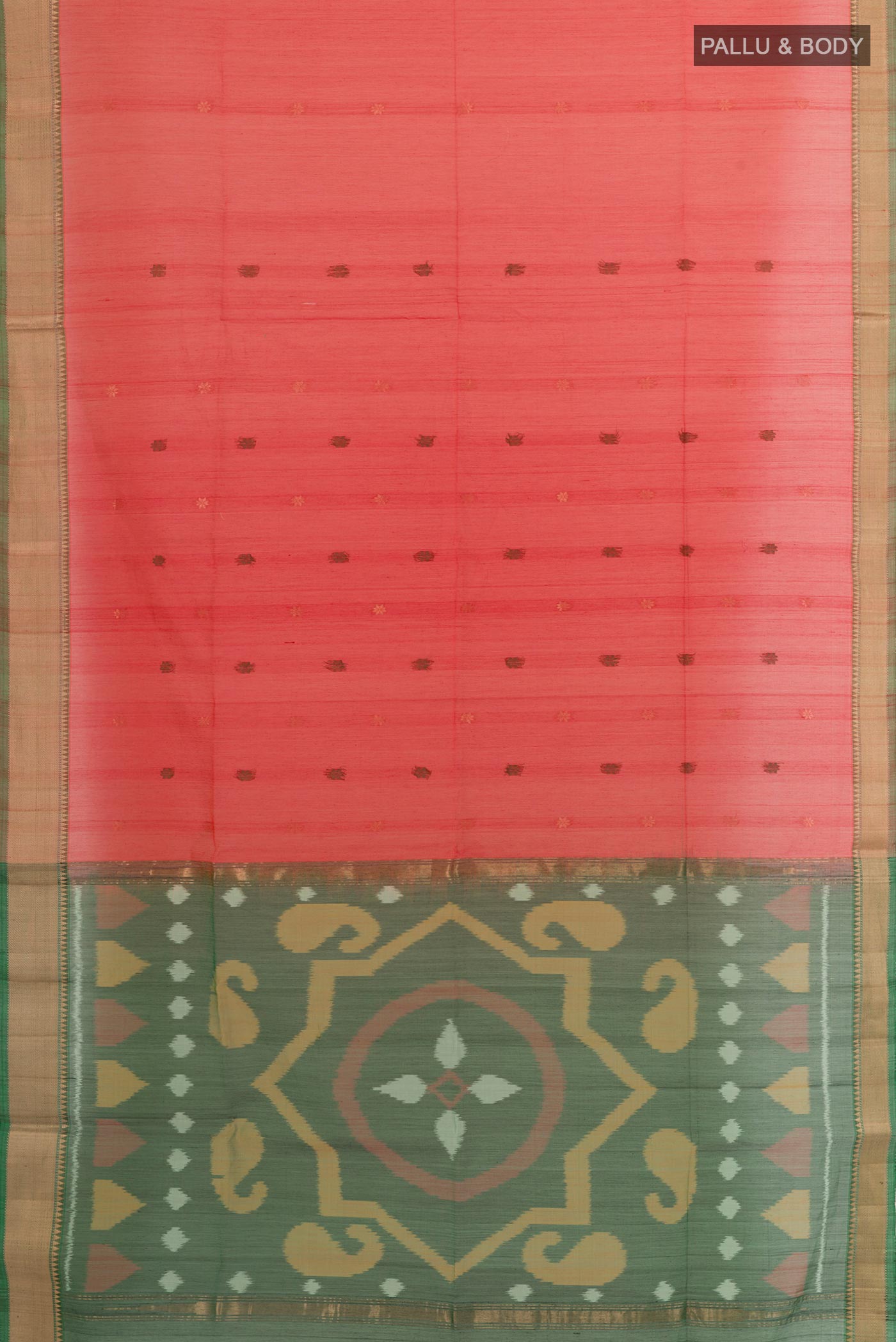 Flat view of Red Kora Silk Saree with Zari Butta on the body and Zari Border. 