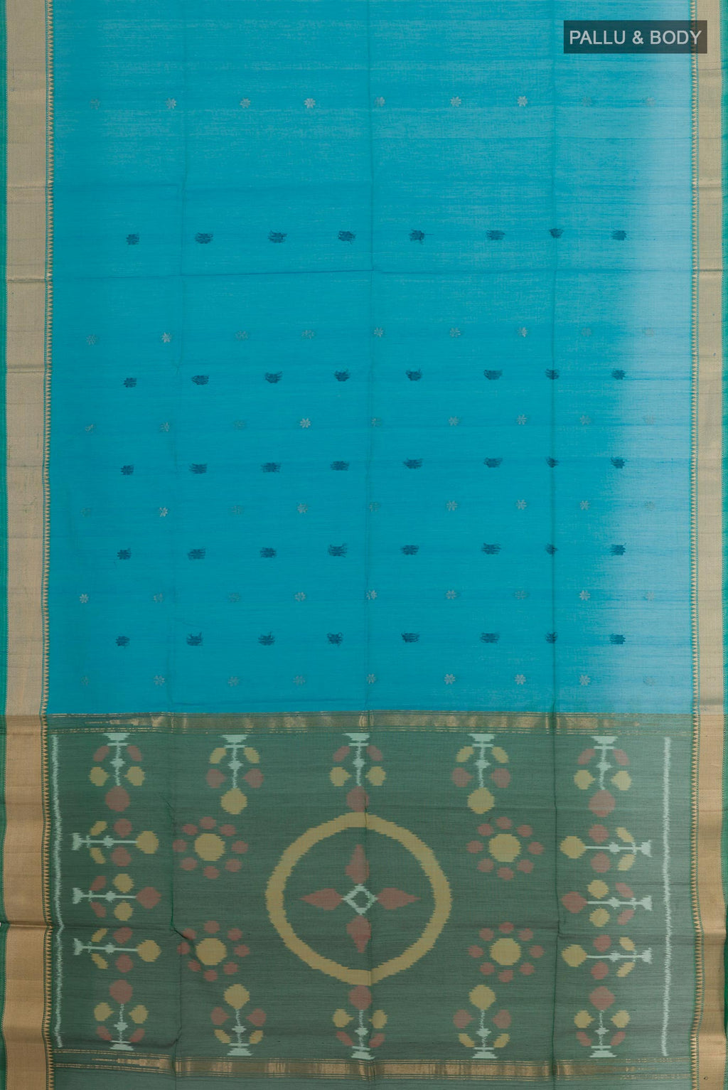 Flat view of Blue Blended Kora Silk Saree with Zari Butta on the body and Zari Border. 