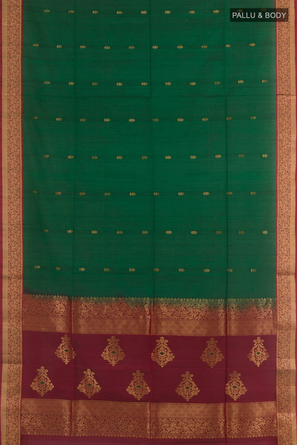 Flat view of Green Soft Silk Saree with Zari Butta on the body and Zari Border. 
