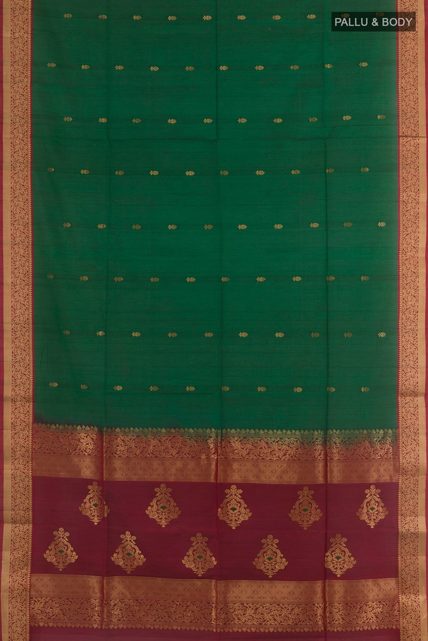 Flat view of Green Soft Silk Saree with Zari Butta on the body and Zari Border. 