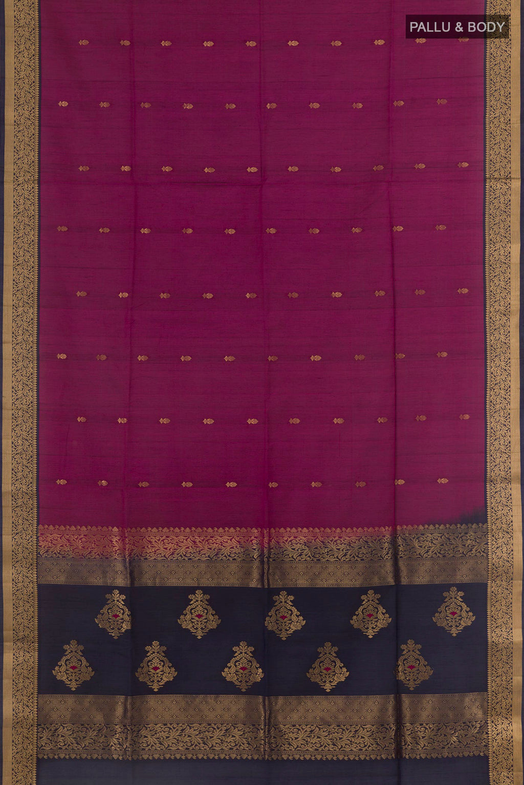 Flat view of Purple Soft Silk Saree with Zari Butta on the body and Zari Border. 